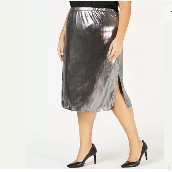 SALE NWT Macys Metallic Silver Foil Pull On Midi Skirt - Picture 3 of 8